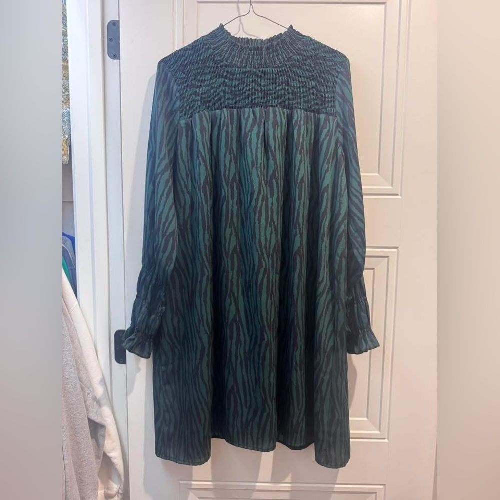 THML Green Smocked Long Sleeve Zebra Dress.